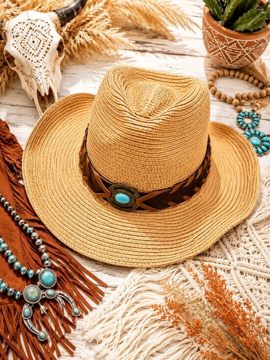Boutique Accessories - Western Boho Straw Sun Hat, Turquoise Concho, Wide Brim, Beach Cowgirl, NWT
